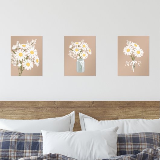 Witte Daisy Bloemen Monogram Beige Set van 3 (Slaapkamer)