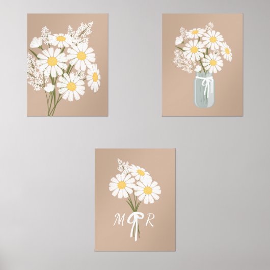 Witte Daisy Bloemen Monogram Beige Set van 3 (Voorkant)