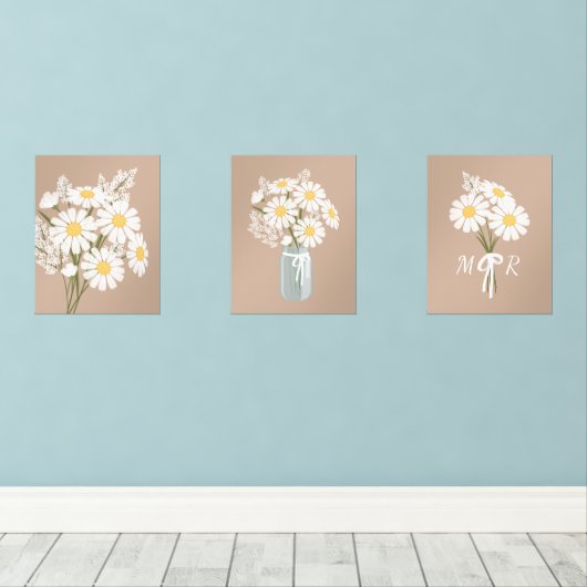 Witte Daisy Bloemen Monogram Beige Set van 3 (Houten vloer)