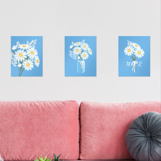 Witte Daisy Bloemen Monogram Blauw Set van 3 (Woonkamer)