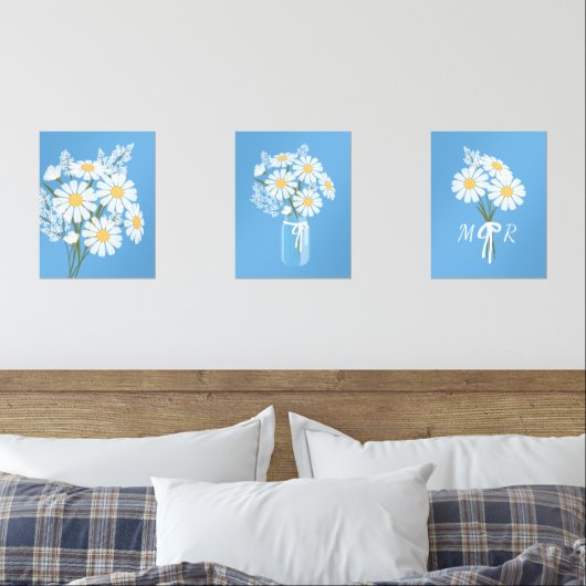 Witte Daisy Bloemen Monogram Blauw Set van 3 (Slaapkamer)