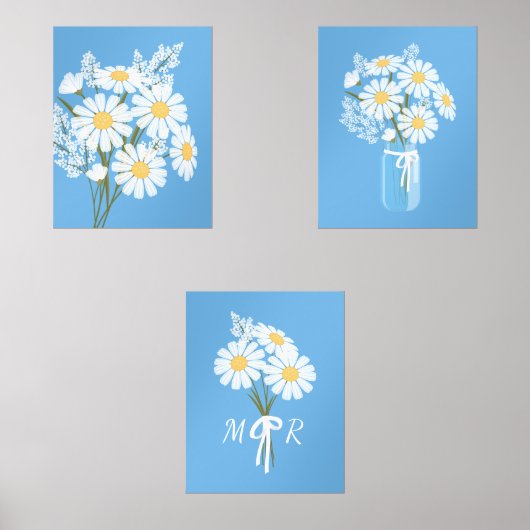 Witte Daisy Bloemen Monogram Blauw Set van 3 (Voorkant)
