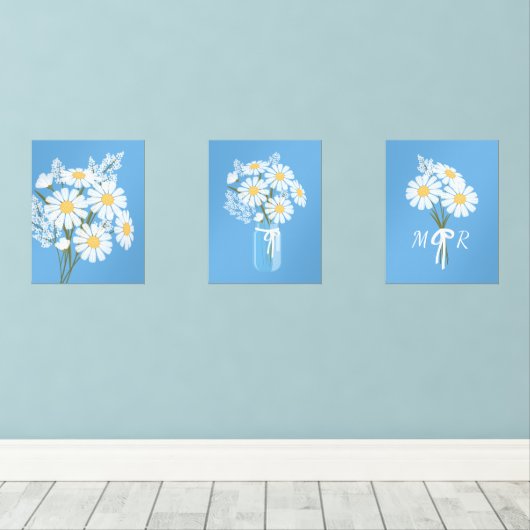 Witte Daisy Bloemen Monogram Blauw Set van 3 (Houten vloer)