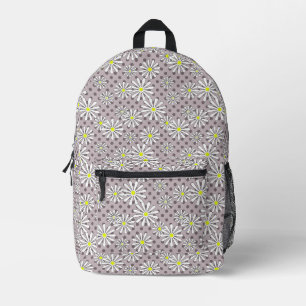 Witte daisy bloemen op een beige bruine stip bedrukte rugzak