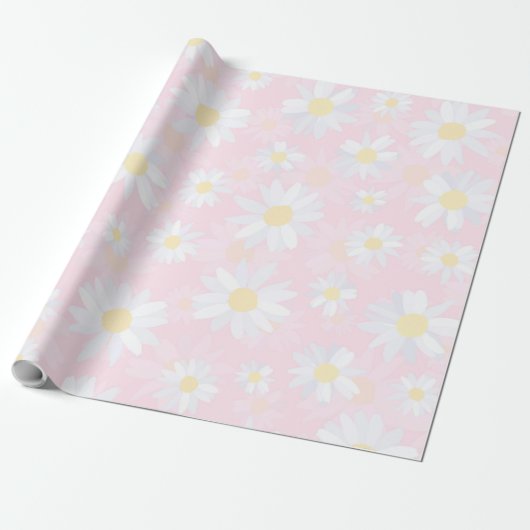 Witte Daisy Bloemen Roze Bloem Cadeaupapier (Uitgerold)