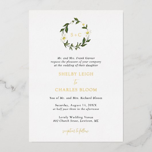 Witte Daisy Bloemen Rustiek Huwelijk Folie Uitnodiging (Voorkant)