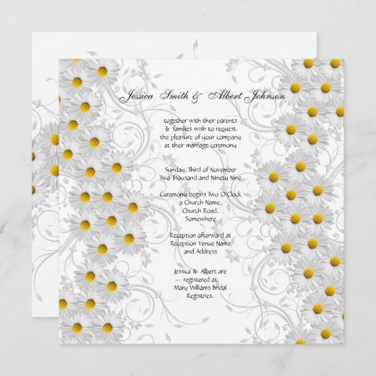 Witte Daisy Bloemen wervelingen bruiloft uitnodigi Kaart (Voorkant / Achterkant)
