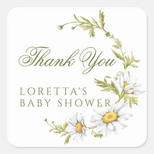 Witte Daisy Bloemige Baby Shower Dank Je Vierkante Sticker (Voorkant)