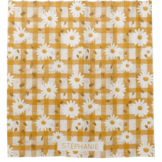 Witte Daisy Bloempatroon op Gele Gingham (2) Douchegordijn (Voorkant)
