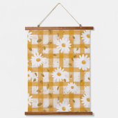 Witte Daisy Bloempatroon op Gele Gingham (2) Hangend Wandkleed (Voorkant)