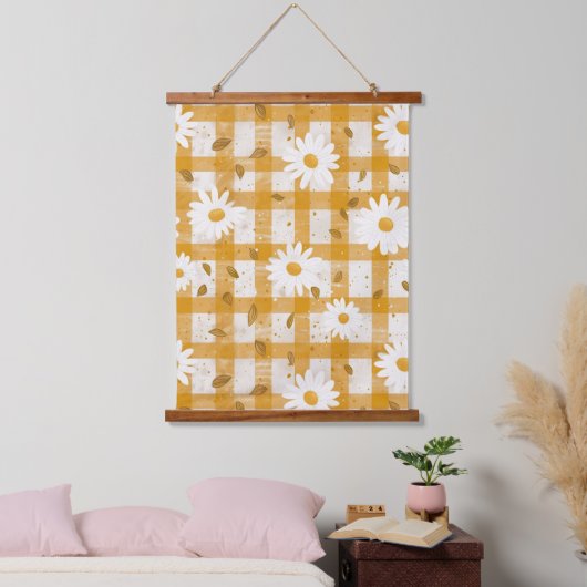 Witte Daisy Bloempatroon op Gele Gingham (2) Hangend Wandkleed (Slaapkamer)
