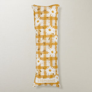 Witte Daisy Bloempatroon op Gele Gingham (2) Lichaamskussen