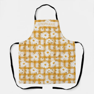 Witte Daisy Bloempatroon op Gele Gingham (2) Schort