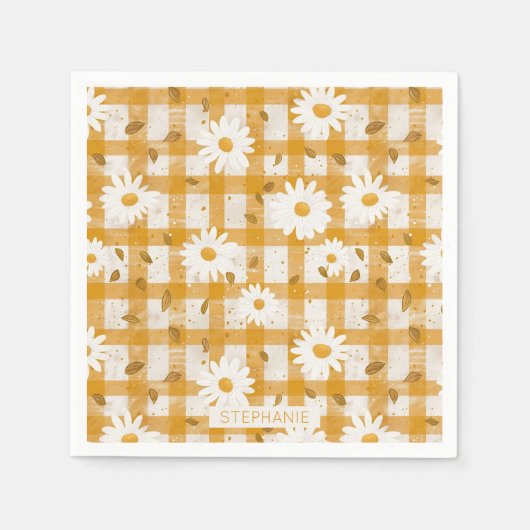 Witte Daisy Bloempatroon op Gele Gingham (2) Servet (Voorkant)