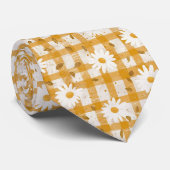 Witte Daisy Bloempatroon op Gele Gingham (2) Stropdas (Opgerold)