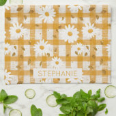 Witte Daisy Bloempatroon op Gele Gingham (2) Theedoek (Gevouwen)
