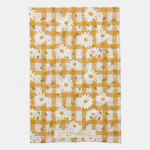 Witte Daisy Bloempatroon op Gele Gingham (2) Theedoek