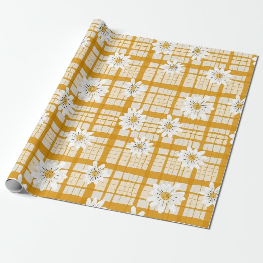 Witte Daisy Bloempatroon op Yellow Gingham Cadeaupapier (Uitgerold)