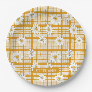 Witte Daisy Bloempatroon op Yellow Gingham Papieren Bordje