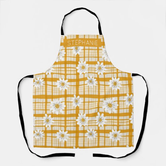 Witte Daisy Bloempatroon op Yellow Gingham Schort (Voorkant)