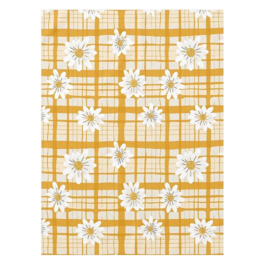 Witte Daisy Bloempatroon op Yellow Gingham Tafelkleed (Voorkant)
