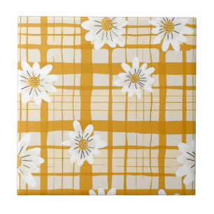 Witte Daisy Bloempatroon op Yellow Gingham Tegeltje