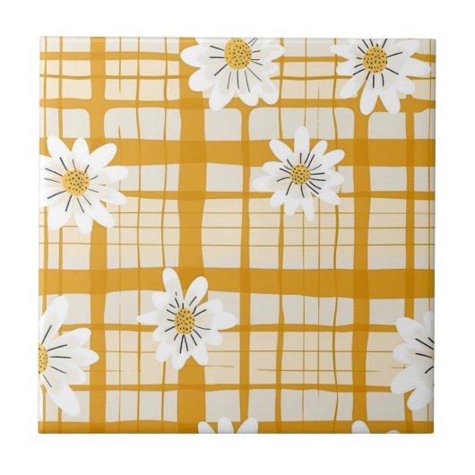 Witte Daisy Bloempatroon op Yellow Gingham Tegeltje (Voorkant)