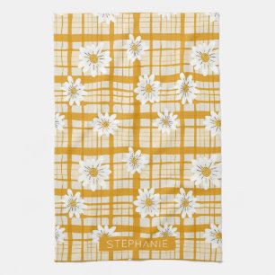 Witte Daisy Bloempatroon op Yellow Gingham Theedoek