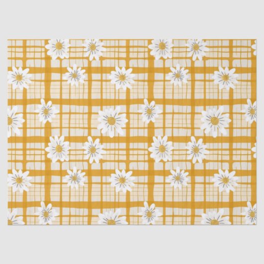 Witte Daisy Bloempatroon op Yellow Gingham Tissuepapier (Voorkant)