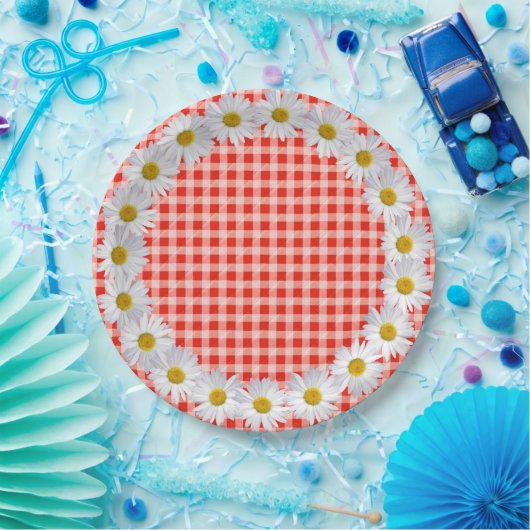 Witte Daisy Border op Gingham Papieren Bordje (Feest)
