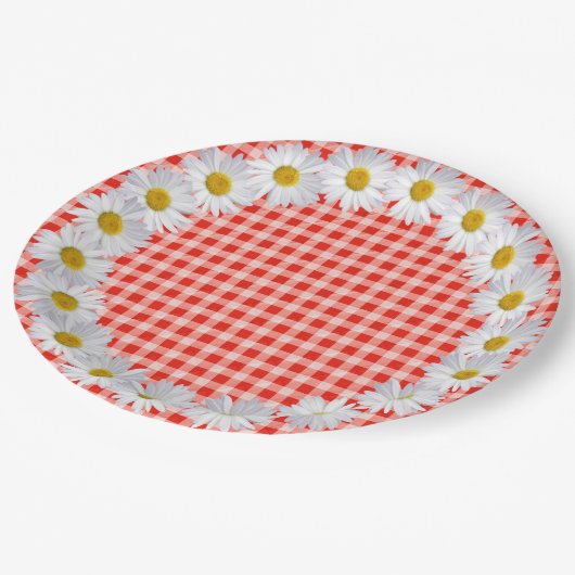 Witte Daisy Border op Gingham Papieren Bordje (Gekanteld)