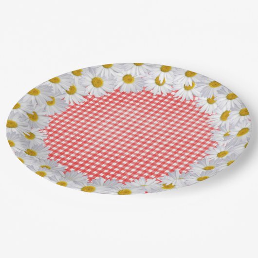 Witte Daisy Border op Gingham Papieren Bordje (Gekanteld)
