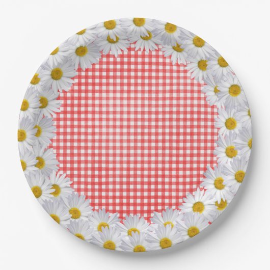 Witte Daisy Border op Gingham Papieren Bordje (Voorkant)