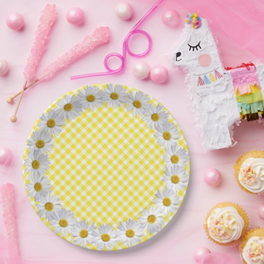 Witte Daisy Border op Gingham Papieren Bordje (Feest)