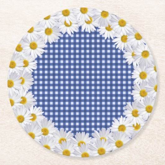 Witte Daisy Border op Gingham Ronde Kartonnen Onderzetter (Voorkant)