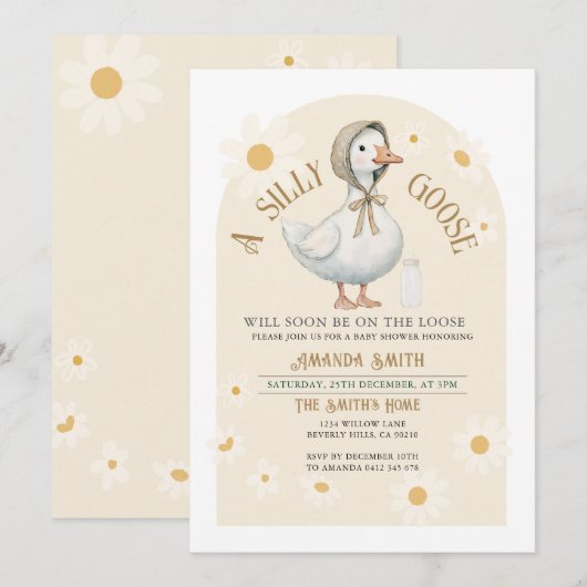 Witte Daisy en Ivoor Schattigee Goose Baby shower Kaart (Voorkant / Achterkant)