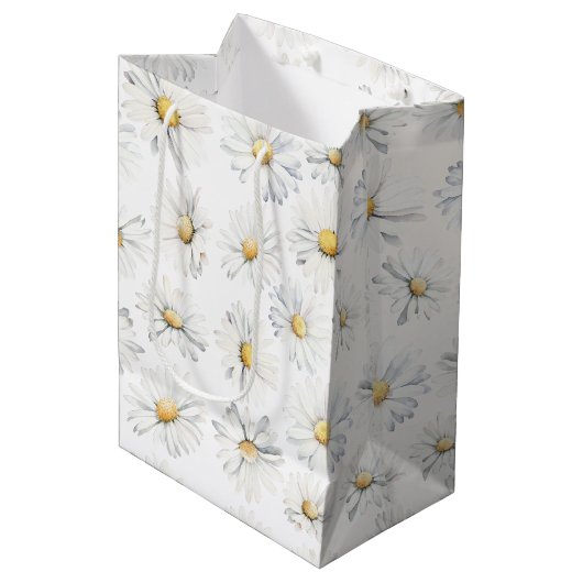 Witte Daisy Flowers Boho Botanische Waterverf Medium Cadeauzakje (Voorkant Gekanteld)
