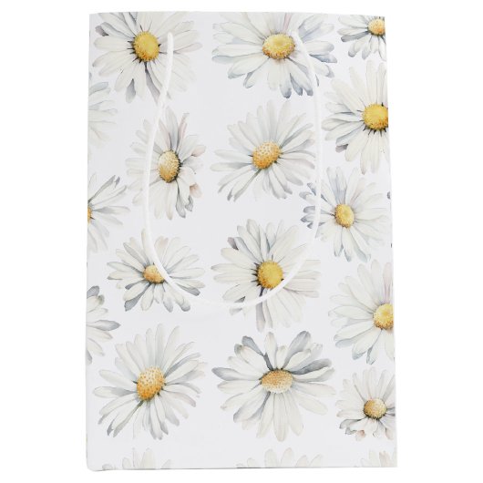 Witte Daisy Flowers Boho Botanische Waterverf Medium Cadeauzakje (Voorkant)