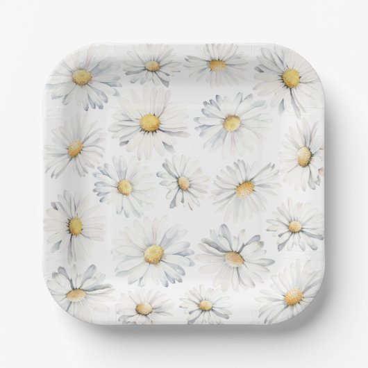 Witte Daisy Flowers Boho Elegant Leuke Waterverf Papieren Bordje (Voorkant)