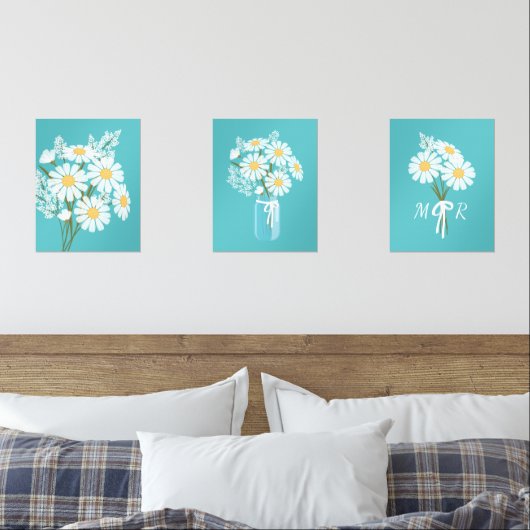 Witte Daisy Flowers Monogram Blauwgroen Set van 3 (Slaapkamer)