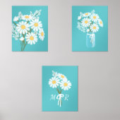 Witte Daisy Flowers Monogram Blauwgroen Set van 3 (Voorkant)