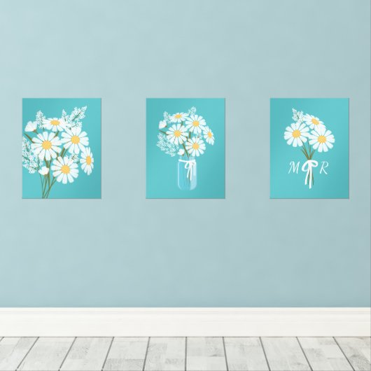Witte Daisy Flowers Monogram Blauwgroen Set van 3 (Houten vloer)