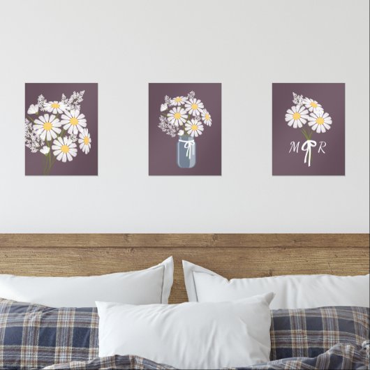 Witte Daisy Flowers Monogram Donker Paarse Set van (Slaapkamer)