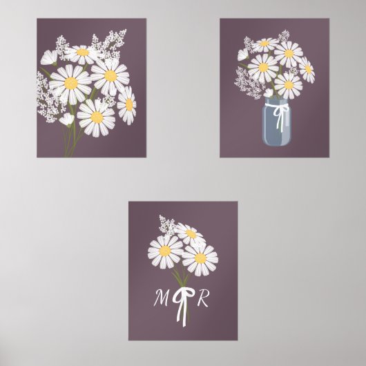 Witte Daisy Flowers Monogram Donker Paarse Set van (Voorkant)