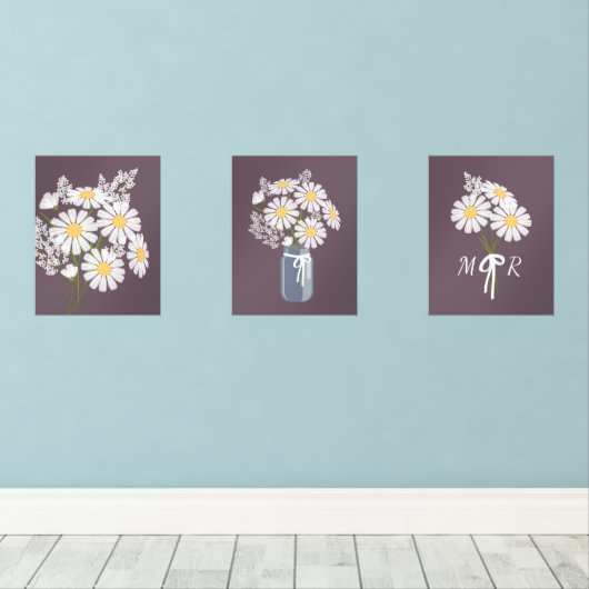 Witte Daisy Flowers Monogram Donker Paarse Set van (Houten vloer)