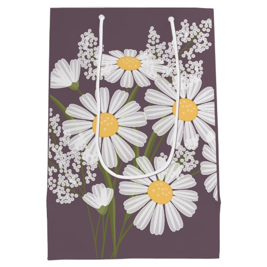 Witte Daisy Flowers op Donker Paarse Medium Cadeauzakje (Achterkant)