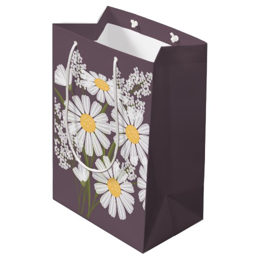 Witte Daisy Flowers op Donker Paarse Medium Cadeauzakje (Achterkant Gekanteld)