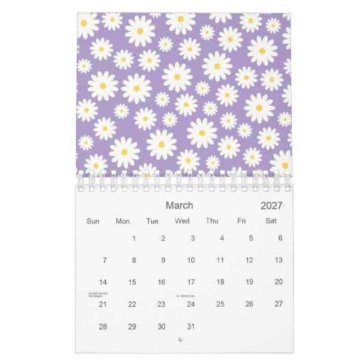 Witte Daisy Flowers Paarse Patroon 2026 Kalender (Mar 2027)