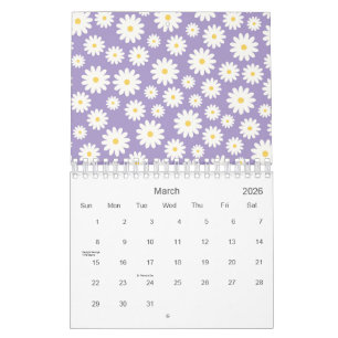 Witte Daisy Flowers Paarse Patroon 2026 Kalender