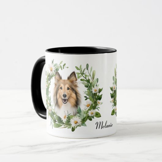 Witte Daisy Krans Collie Hond Mok (Voorkant links)